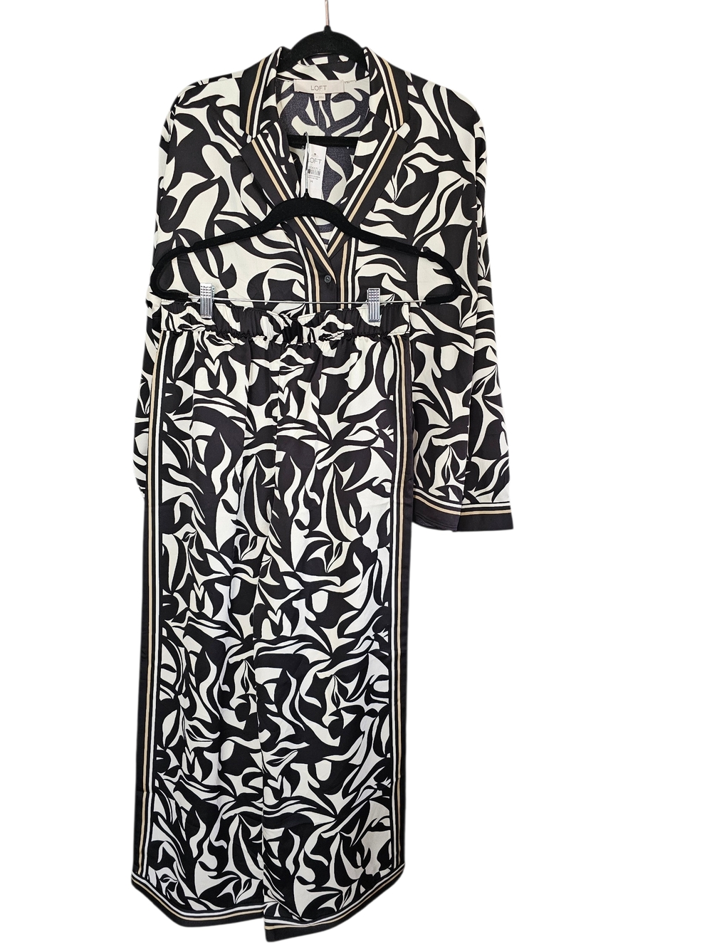 LOFT Set Black and Cream Abstract Print Button-Down Shirt And Pants .
